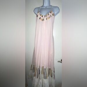 LOVE BINETTI DRESS maxi seersucker pink halter Medium M 100% cotton Romantic